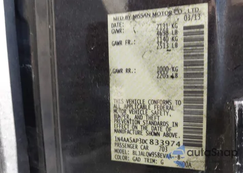 2013 Nissan Maxima 3.5 S z USA, uszkodzony, nr VIN 1N4AA5AP3DC833974